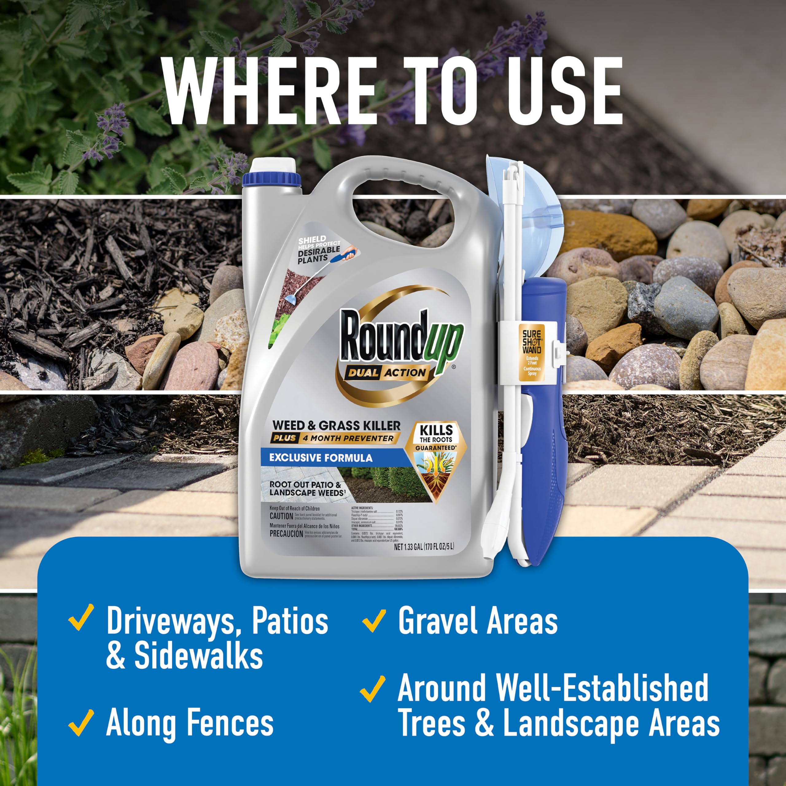 Roundup packaging showing application areas for weed killer