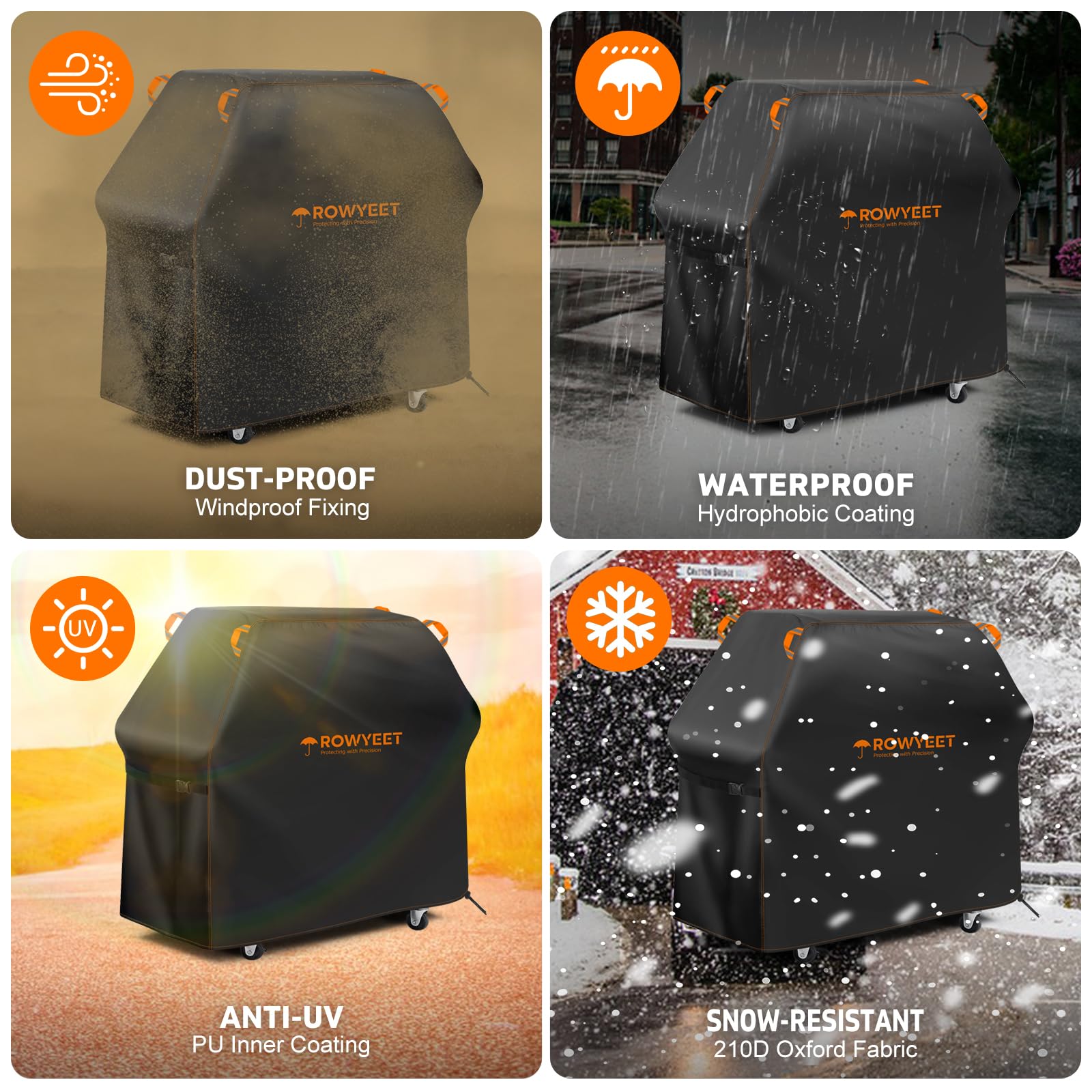 ROWYEET Grill Cover showing secure fit on grill