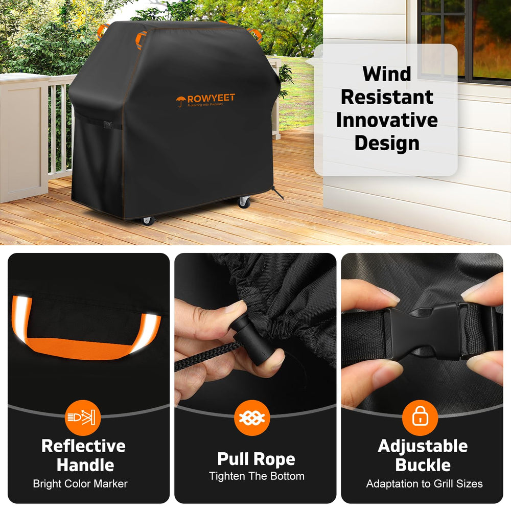 ROWYEET Grill Cover side view showing adjustable buckles