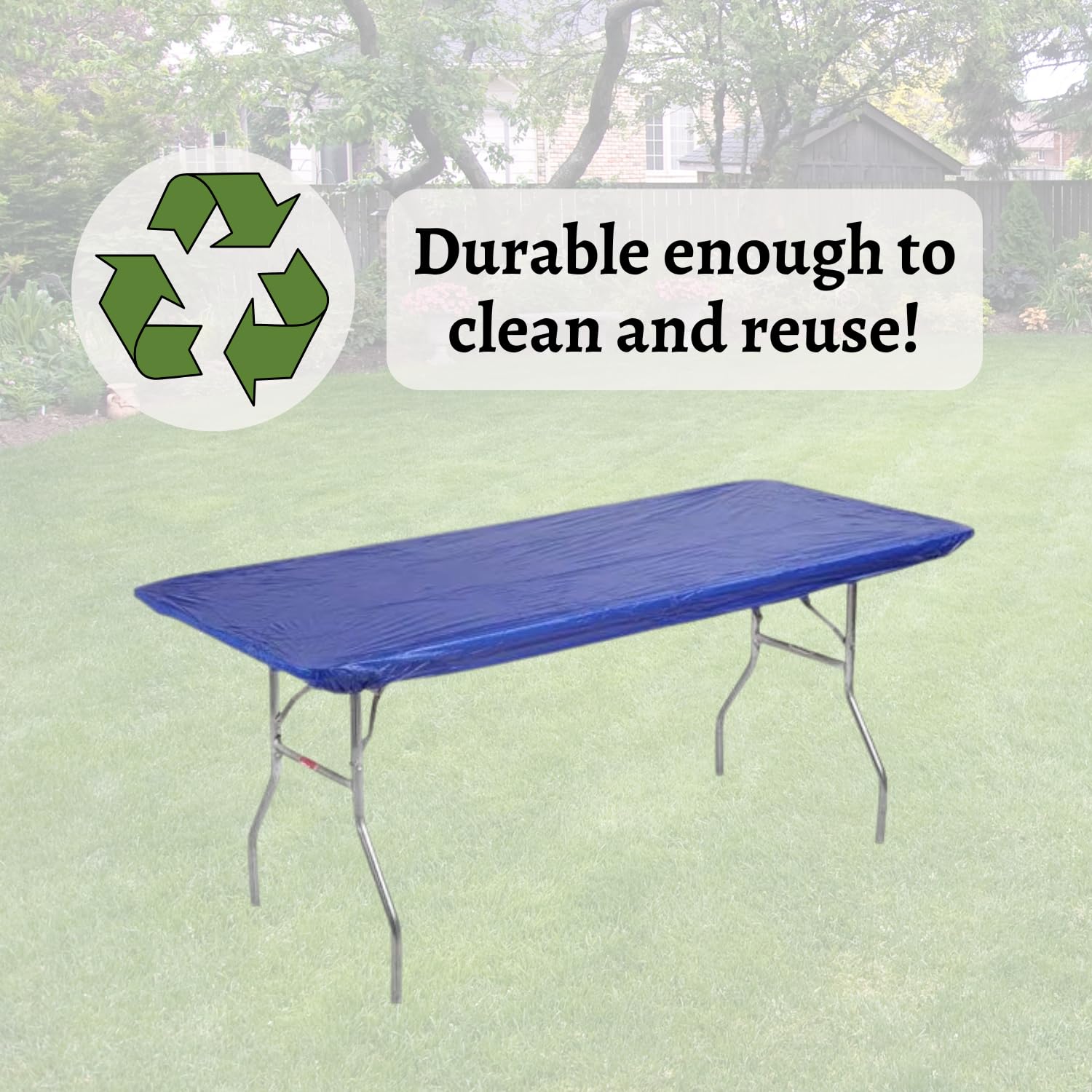 Royal blue table cover laid out on a picnic table