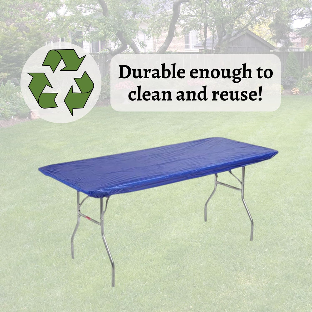 Royal blue table cover laid out on a picnic table