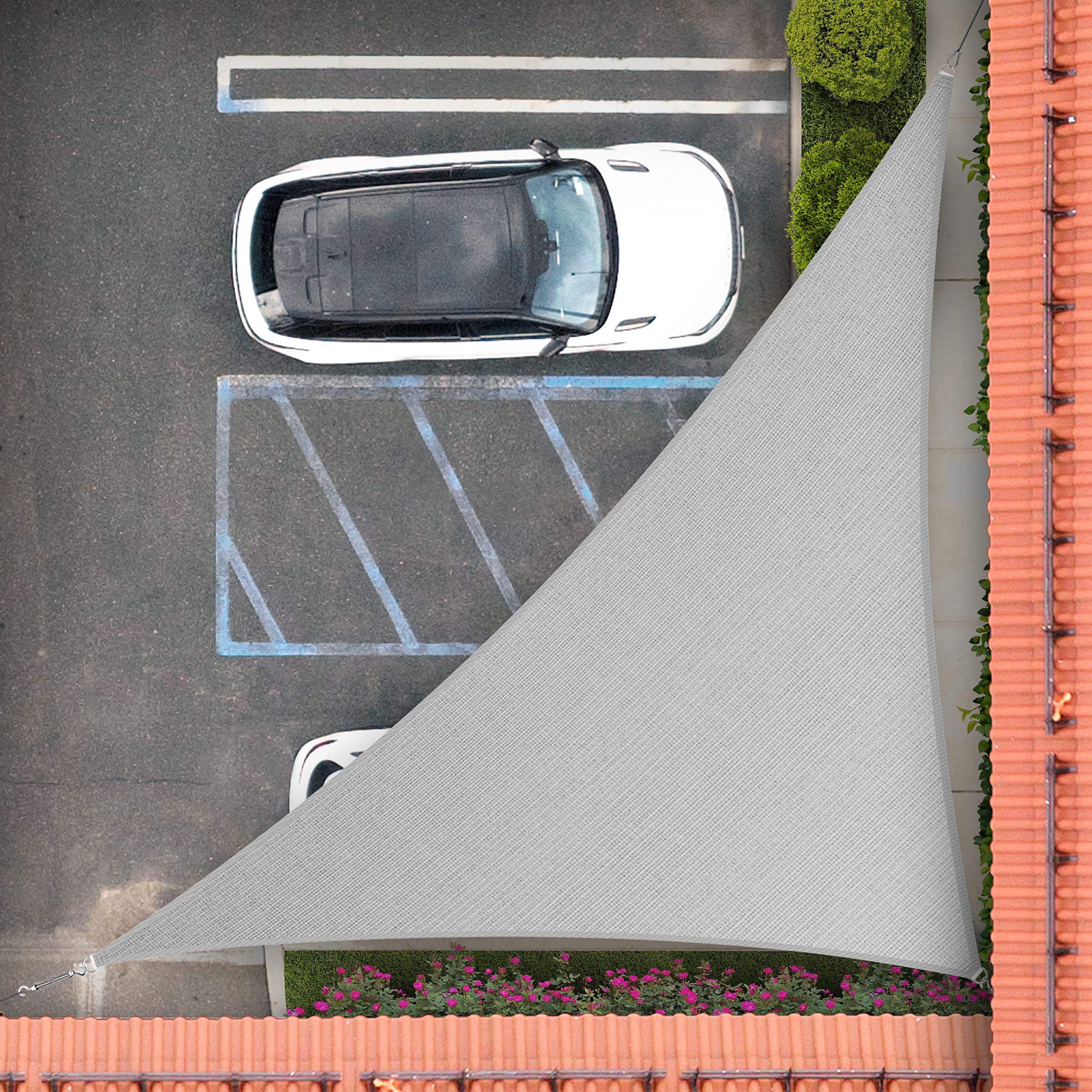 Royal Shade 12' x 12' x 17' grey triangle sun shade sail front view
