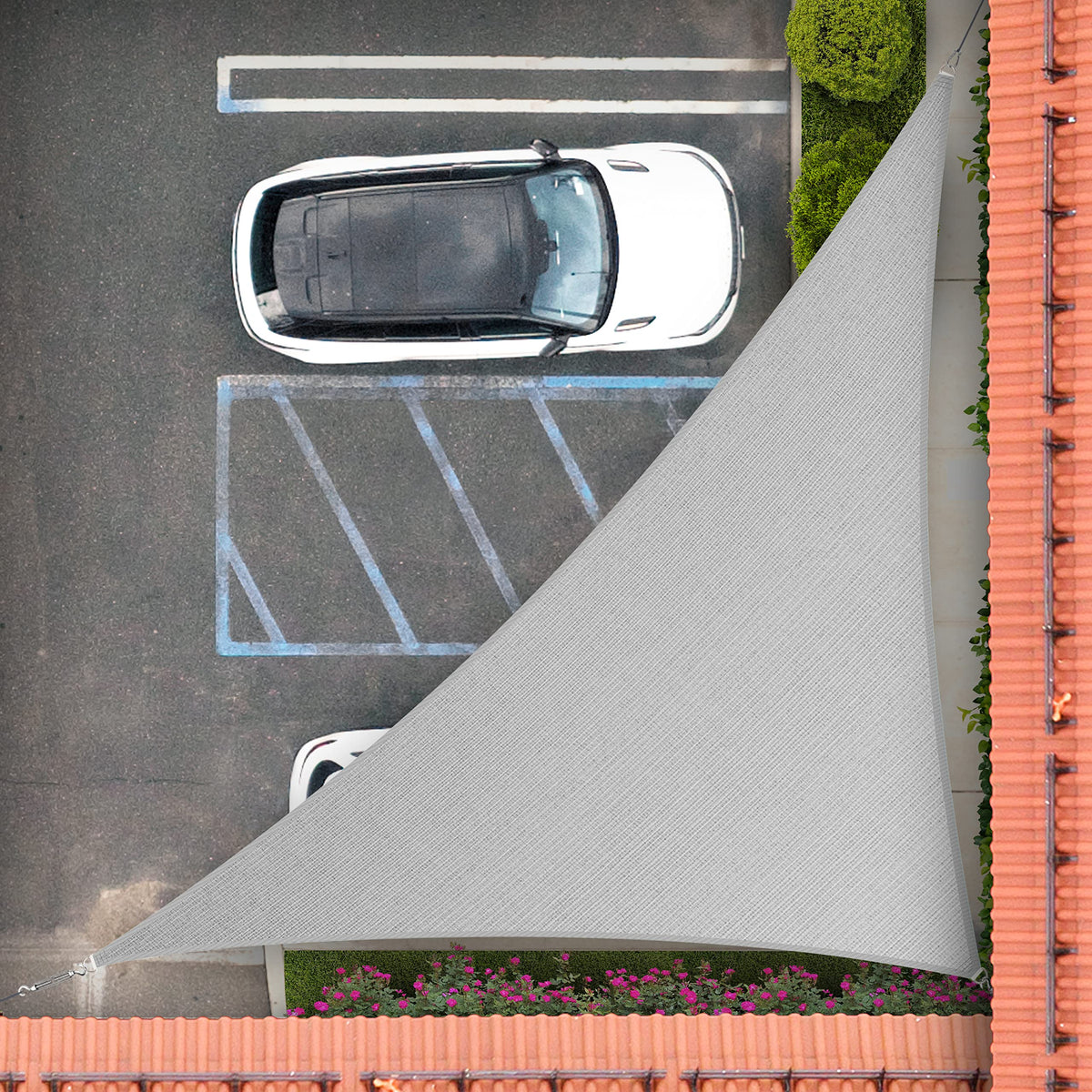 Royal Shade 12' x 12' x 17' grey triangle sun shade sail front view
