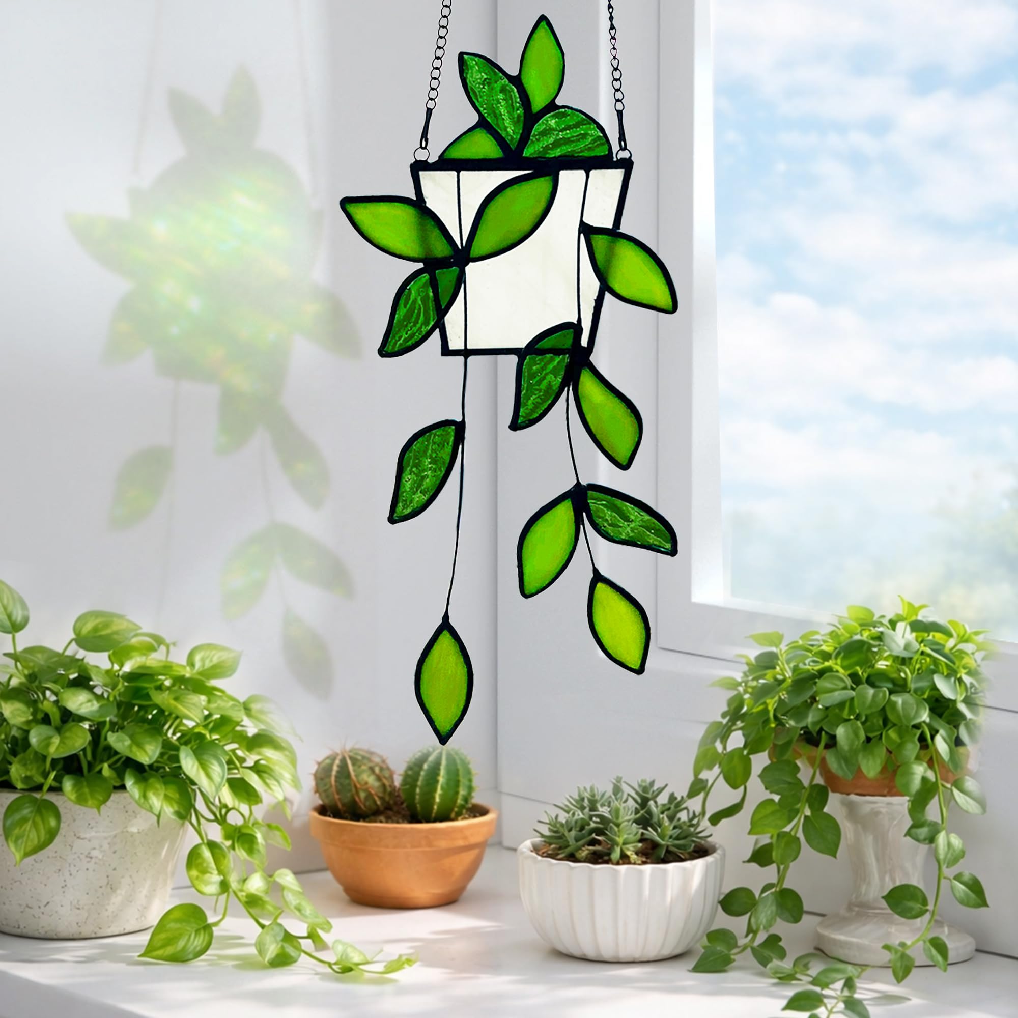 Royxen stained glass suncatcher with metal chain and adhesive hook