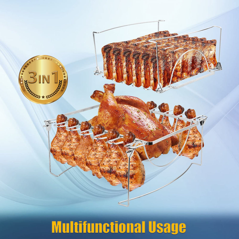RTT Rib Rack in a grill with chicken legs and ribs inside