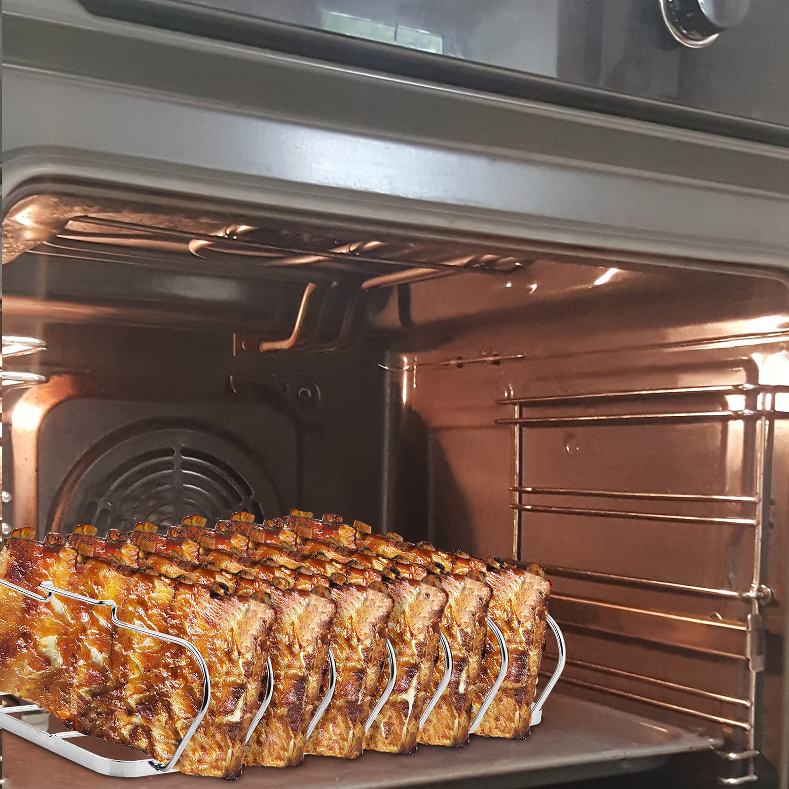 RTT Rib Rack with 6 ribs cooking evenly on a barbecue