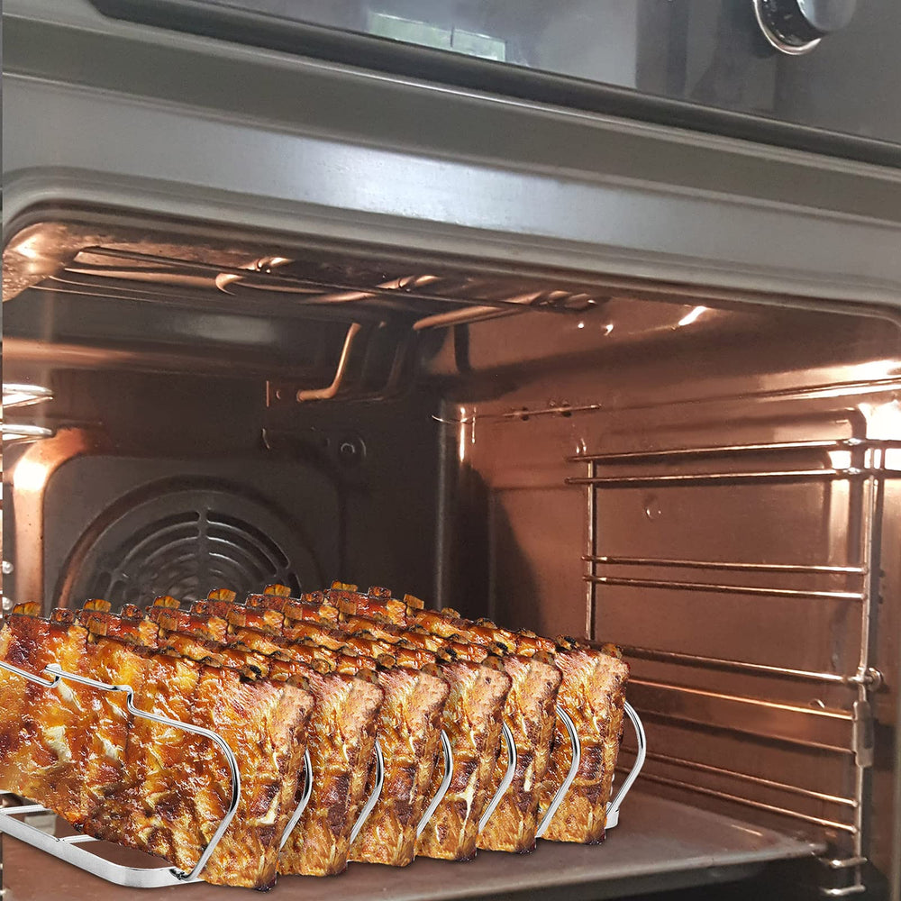 RTT Rib Rack with 6 ribs cooking evenly on a barbecue