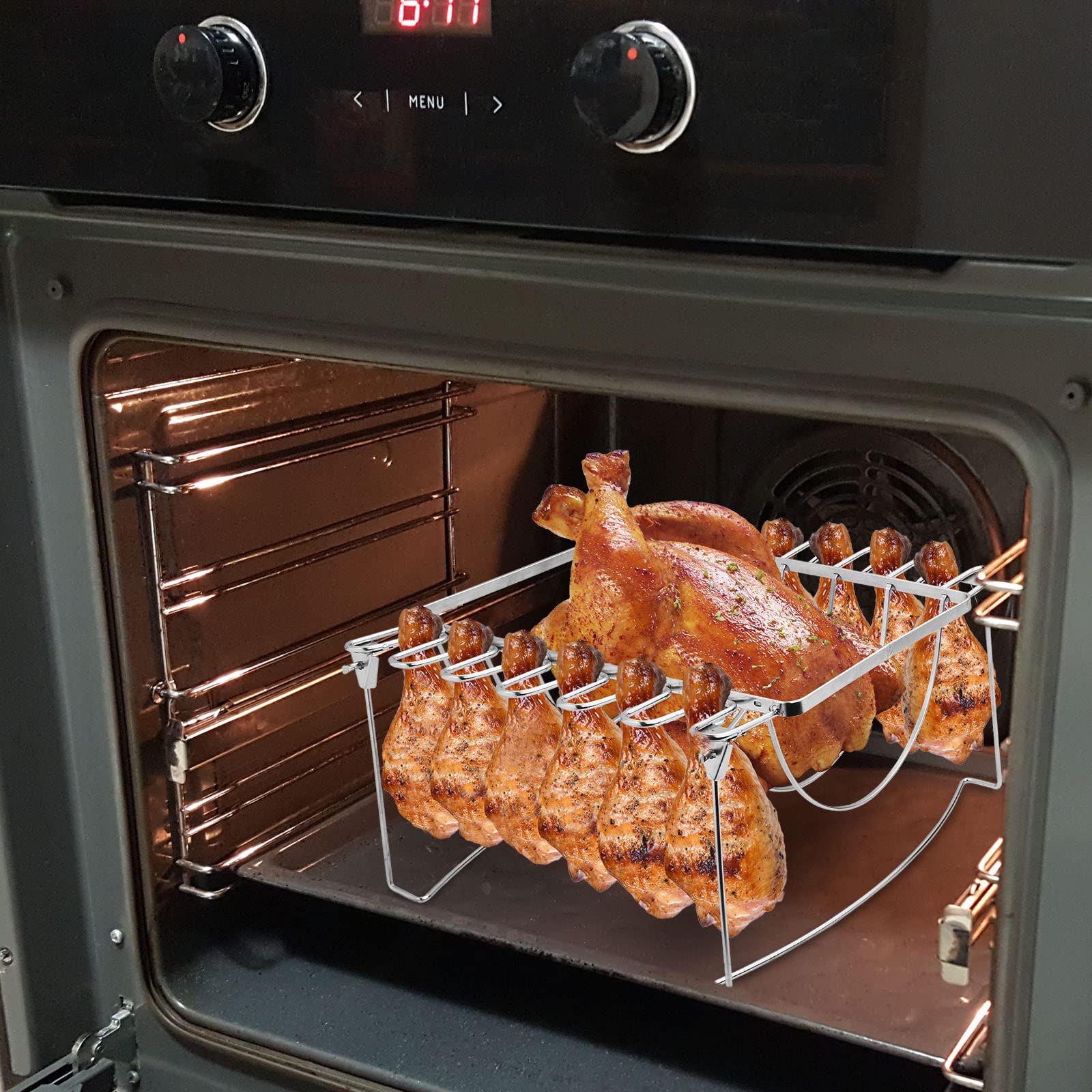 RTT Rib Rack with whole chicken and chicken legs cooking on a grill