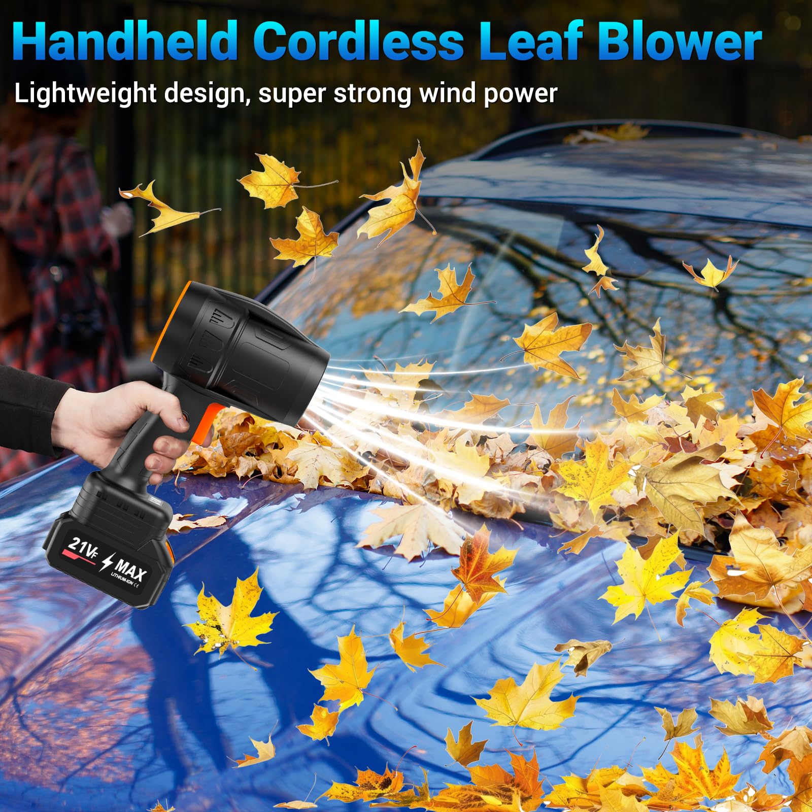 RTWDKFQ Leaf Blower in use clearing leaves on a patio