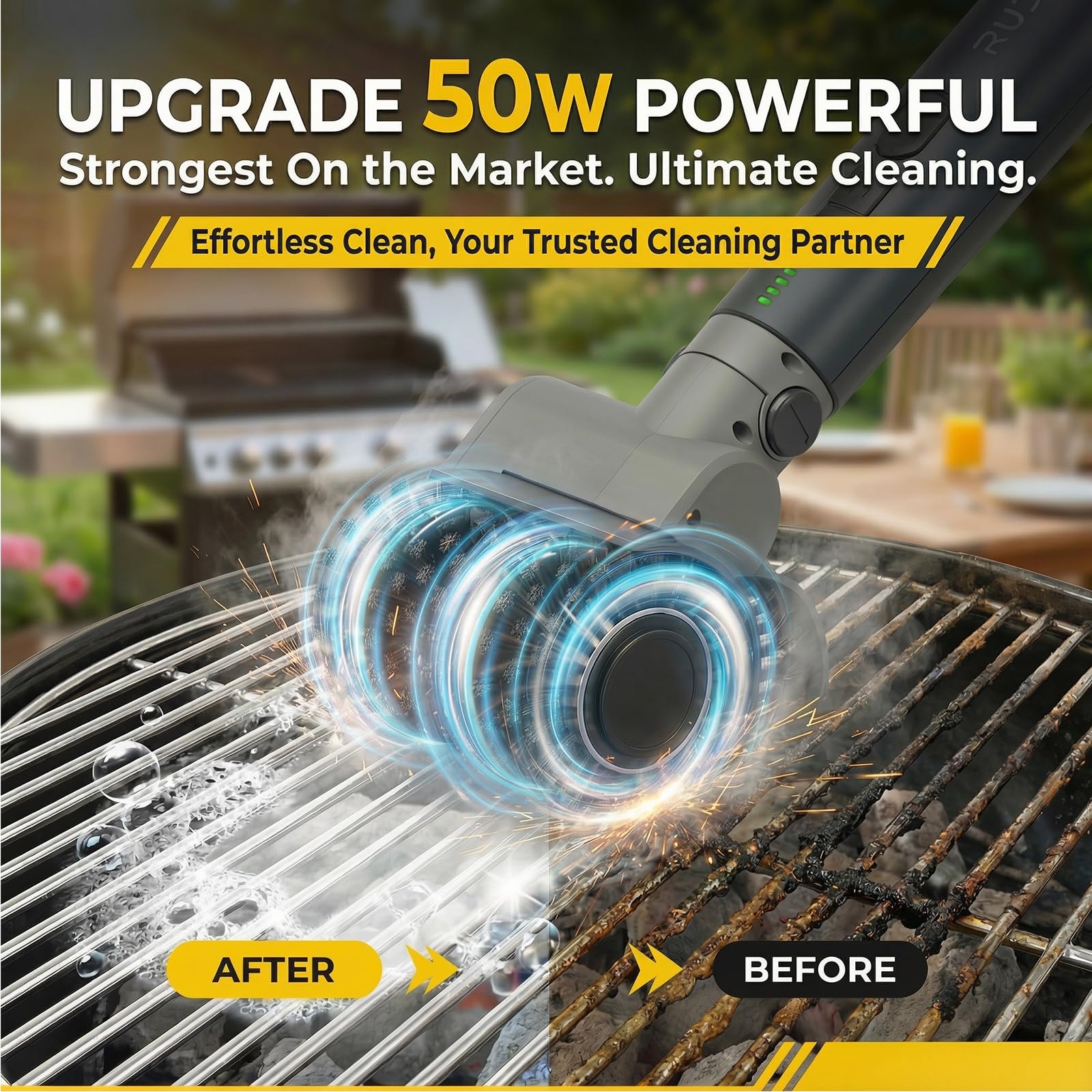 RUDAP Electric Grill Brush showing USB-C charging cable