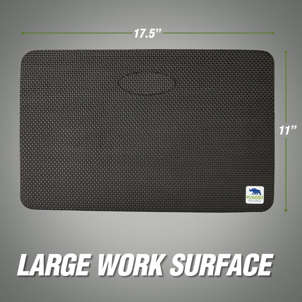 RUGGED RHINO kneeling pad dimensions displayed on a table