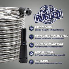 RUGGED RHINO Metal Garden Hose 100FT flexible design shown coiled