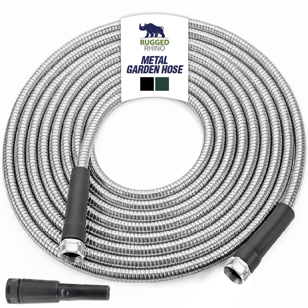 RUGGED RHINO Metal Garden Hose 100FT silver model front view