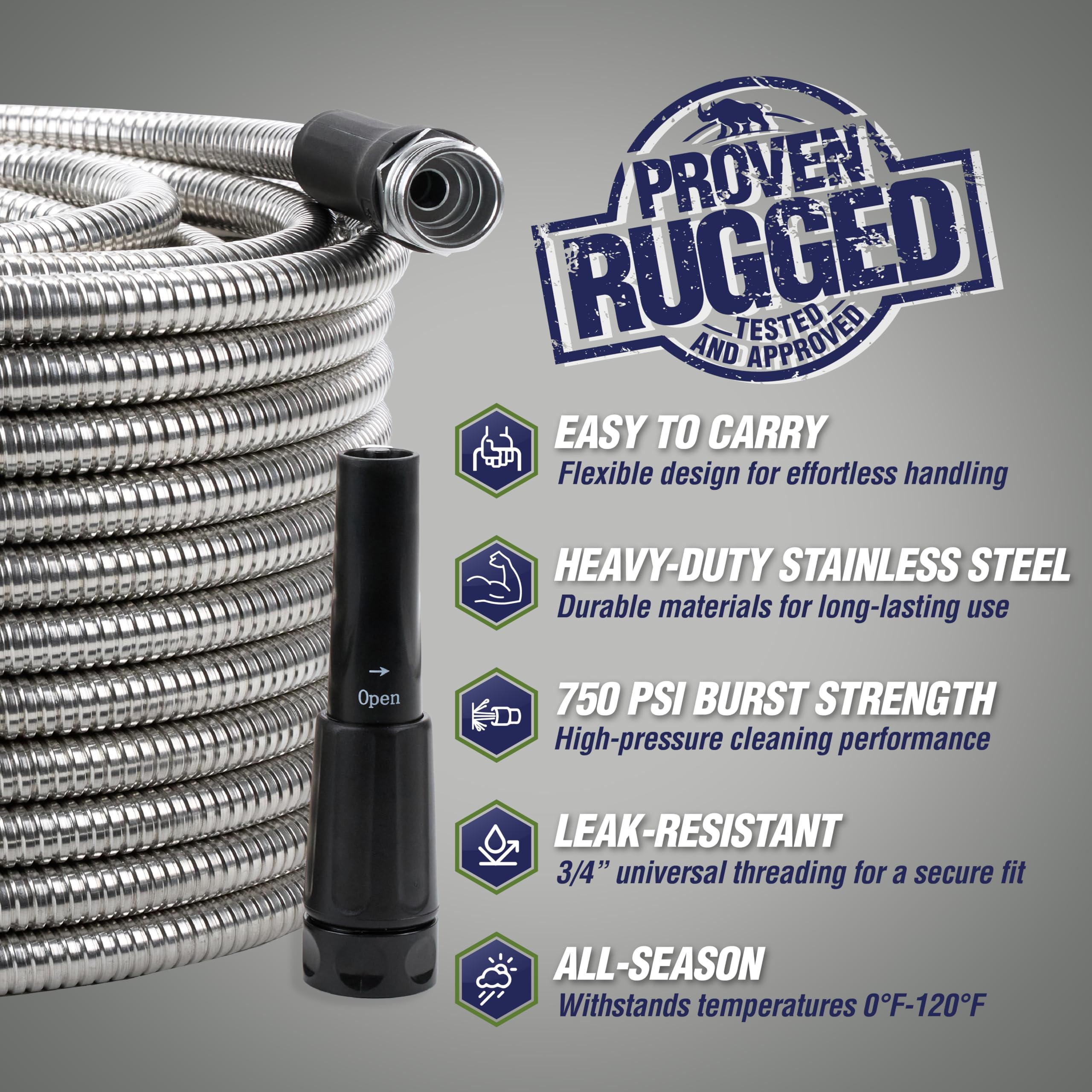 RUGGED RHINO Metal Garden Hose 50FT with adjustable spray nozzle
