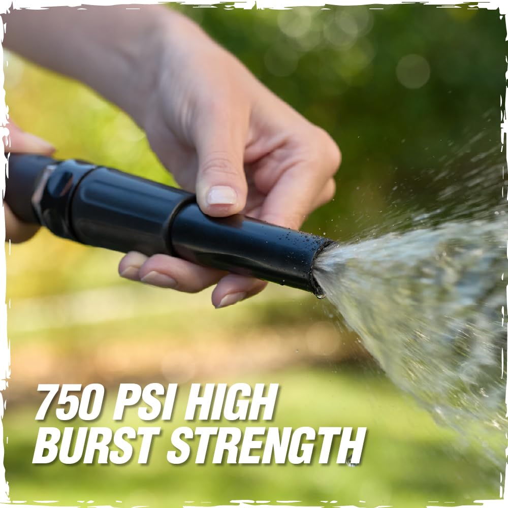 RUGGED RHINO Metal Garden Hose in a garden setting