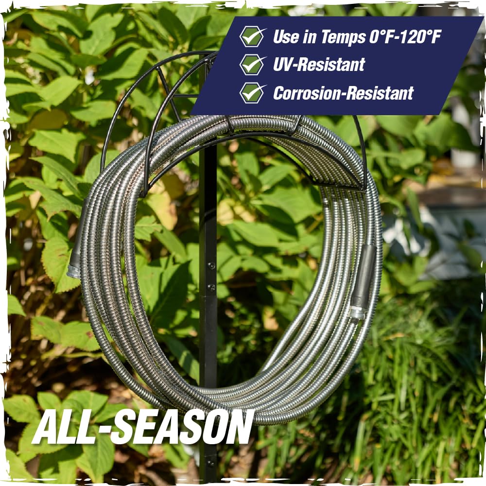 RUGGED RHINO Metal Garden Hose with a close-up of the nozzle