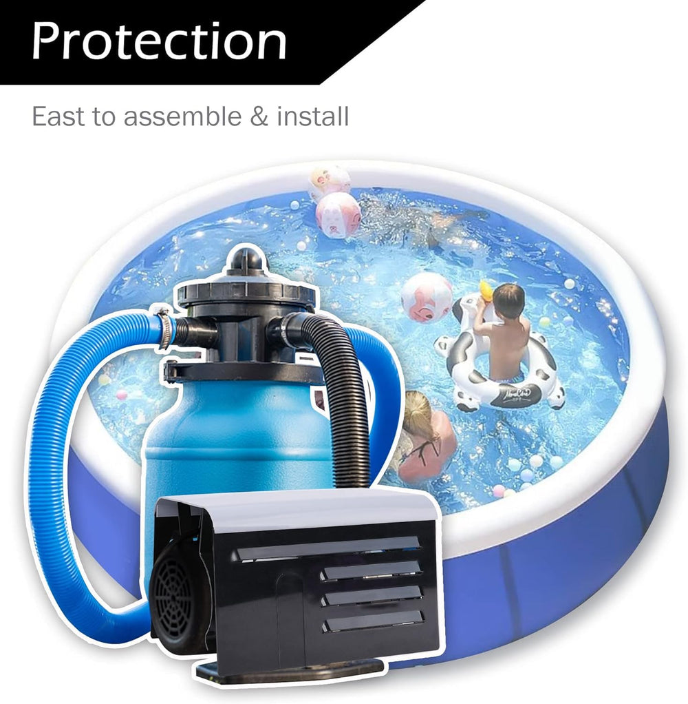 RunNico Pool Pump Covers displayed together in a garden setting