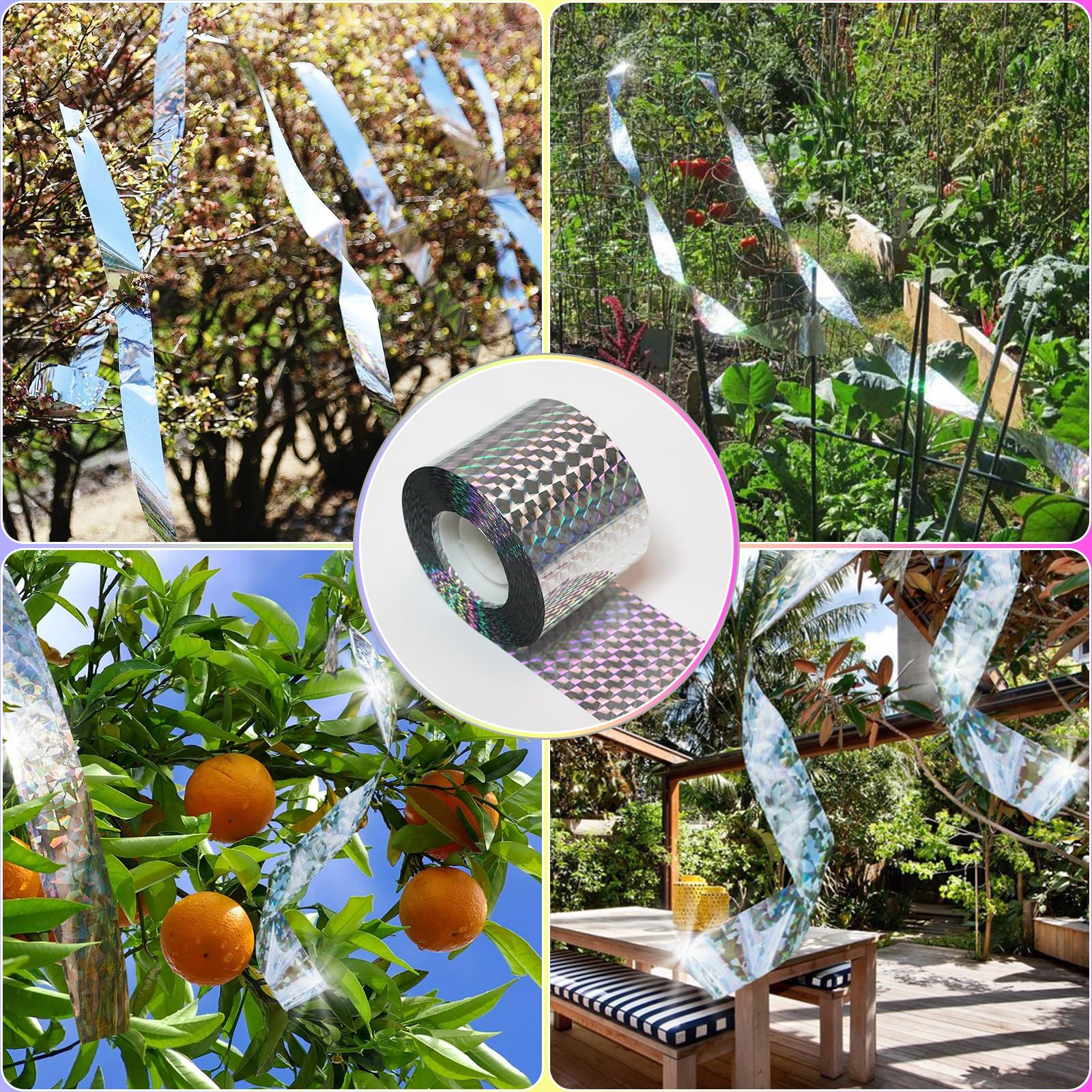 Ruolan Bird Scare Tape roll beside garden plants