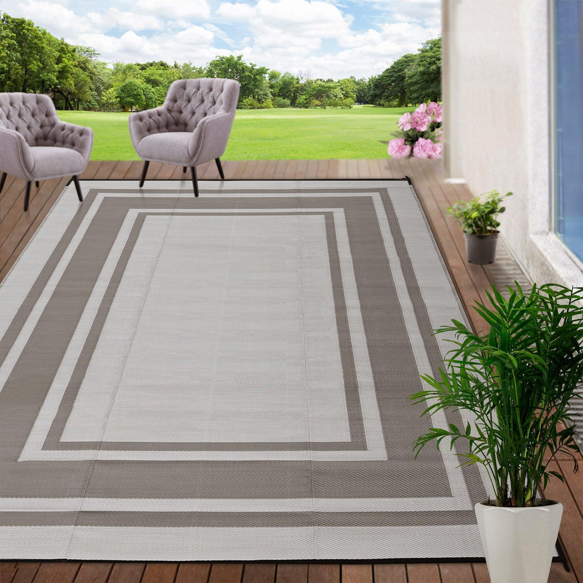 RURALITY 5x8 Outdoor Rug grey-brown and ivory front view