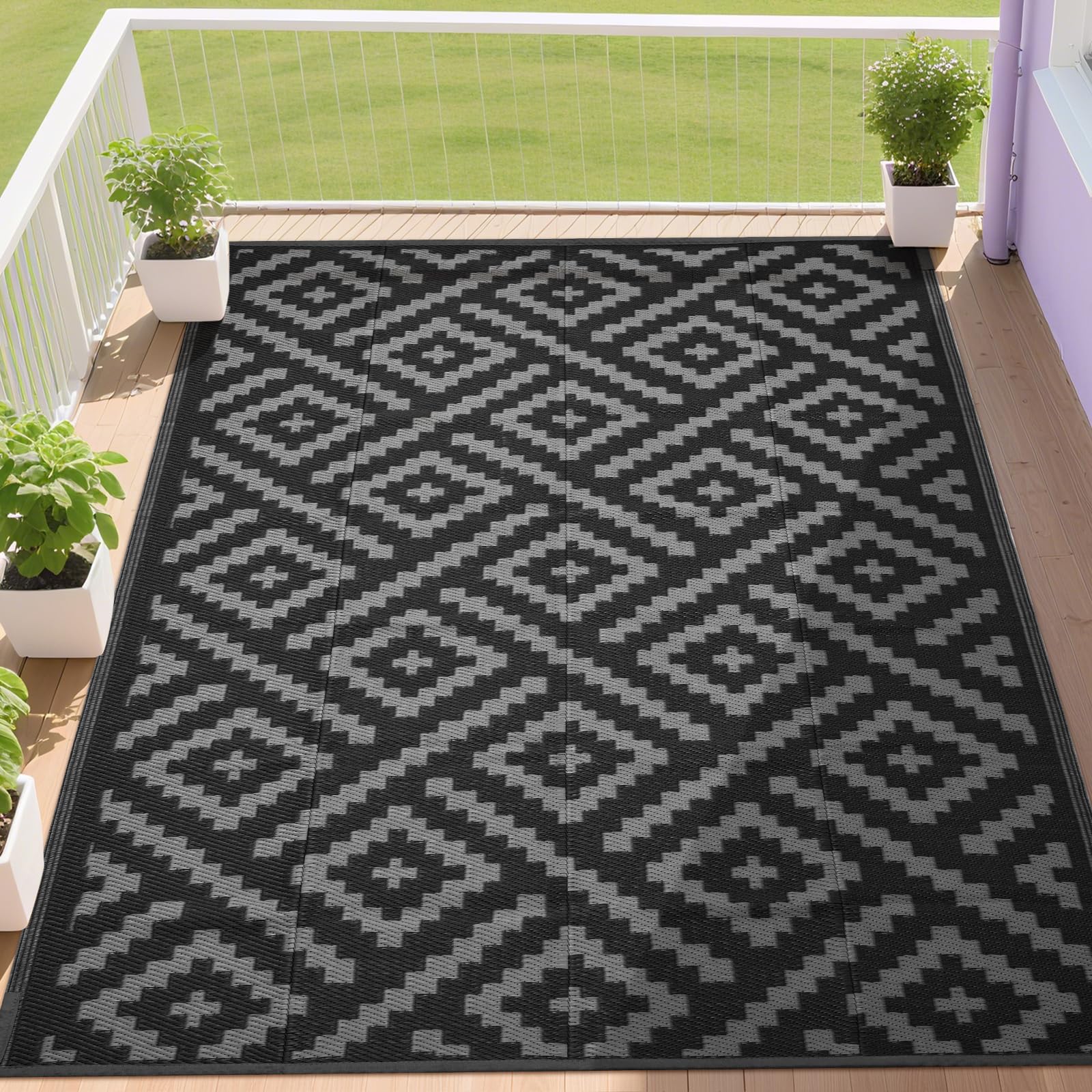RURALITY Outdoor Rug 5x8 feet black and deep grey side view
