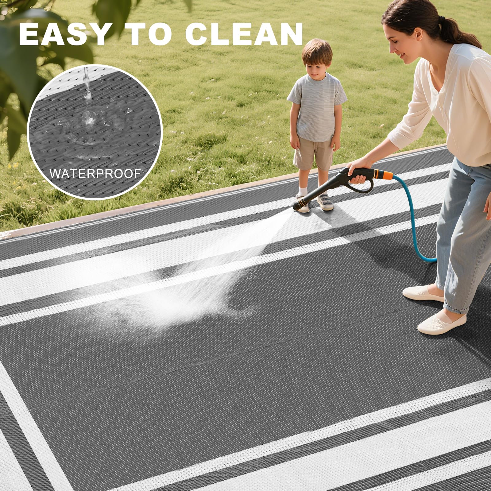 RURALITY Outdoor Rug 9x12 Grey and White corner detail