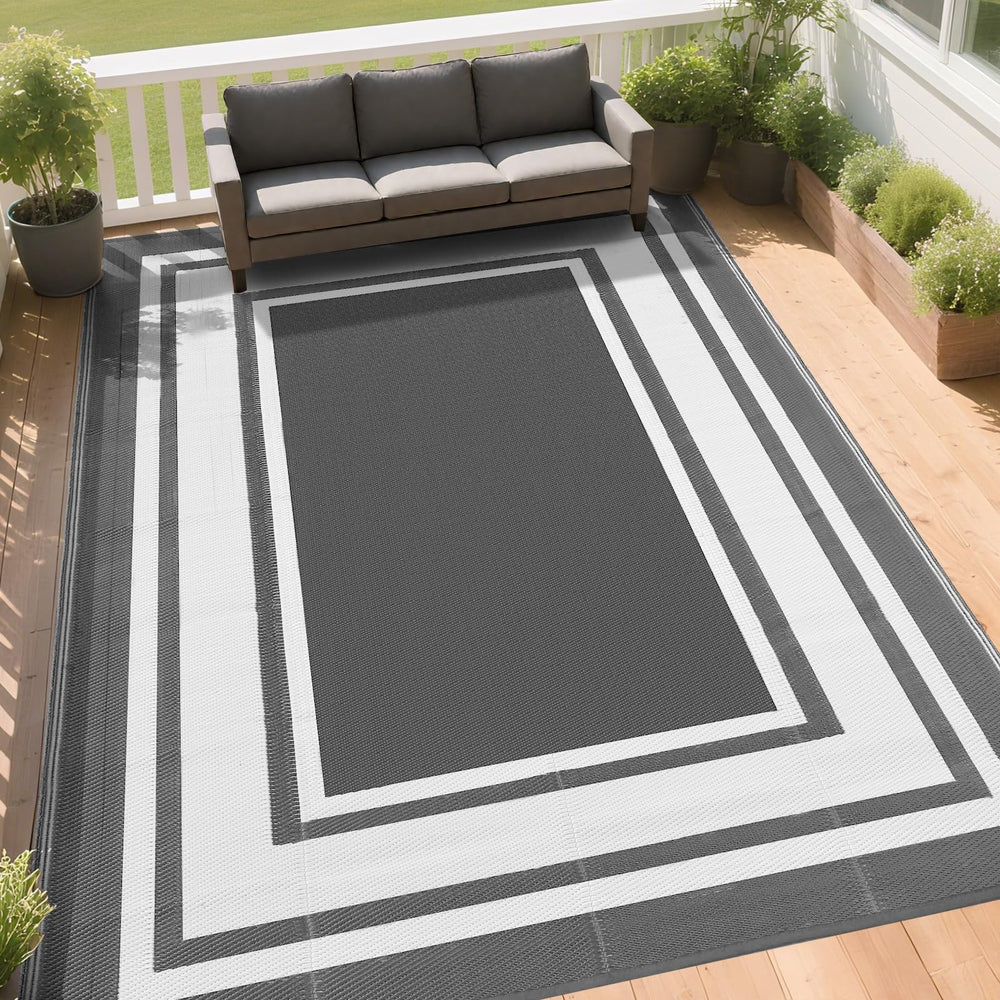 RURALITY Outdoor Rug 9x12 Grey and White side view