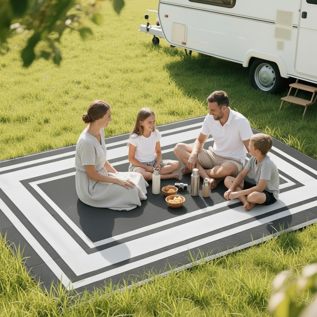 RURALITY Outdoor Rug 9x12 Grey and White with fixed rings