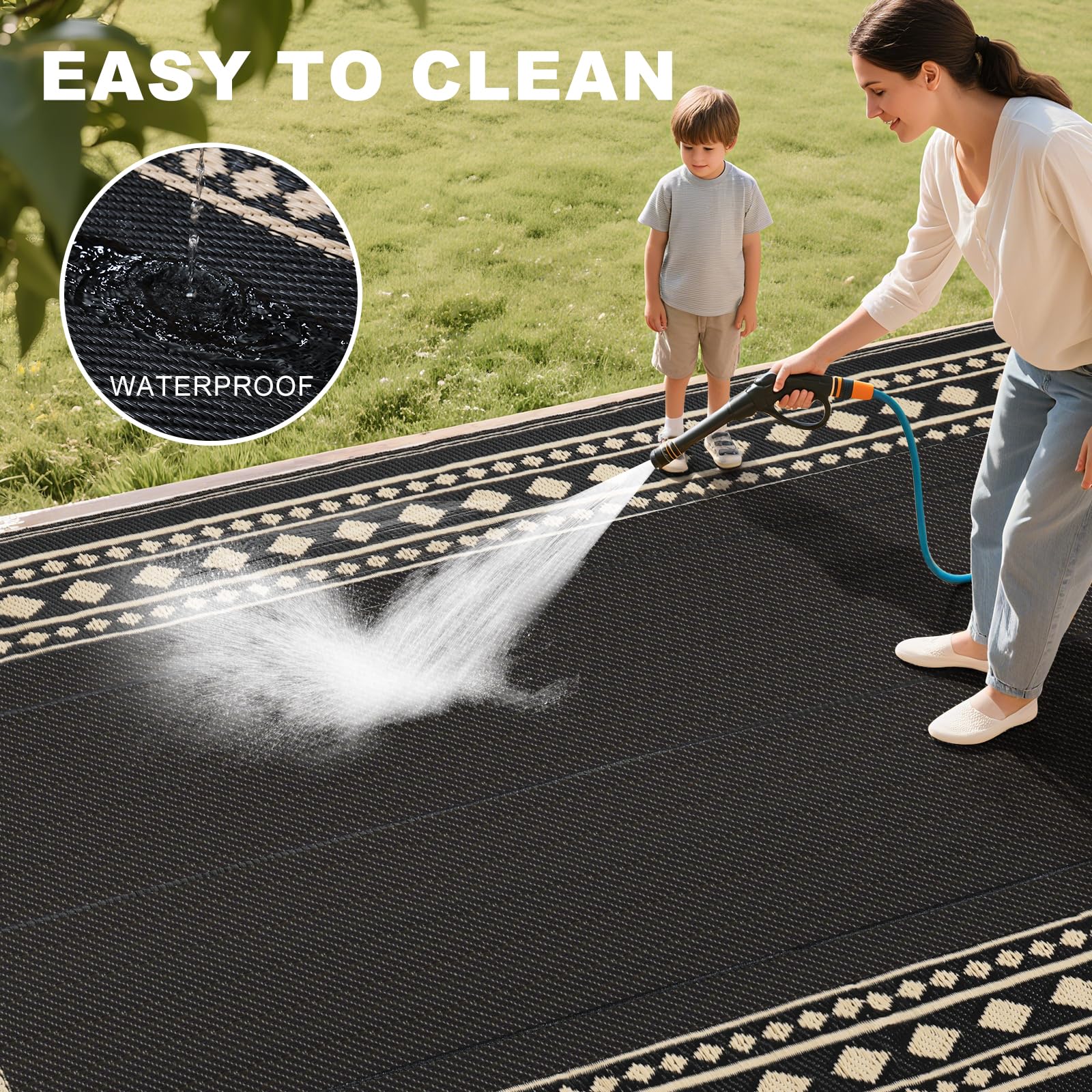 RURALITY Outdoor Rug 9x12 in a camping setup