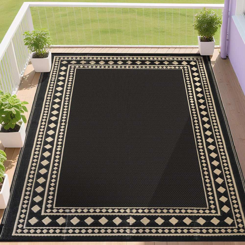 RURALITY Outdoor Rug 9x12 waterproof black and beige design front view