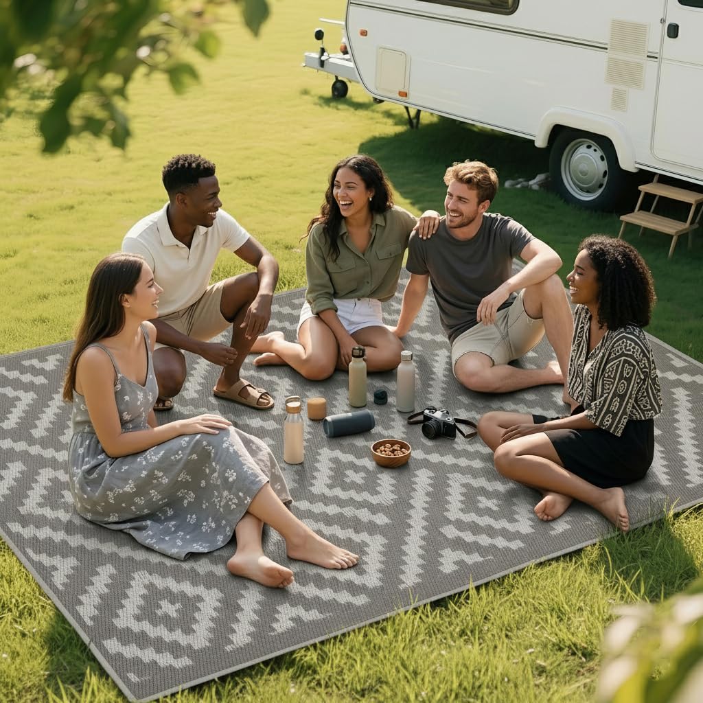 RURALITY Outdoor Rug displayed in a garden setting