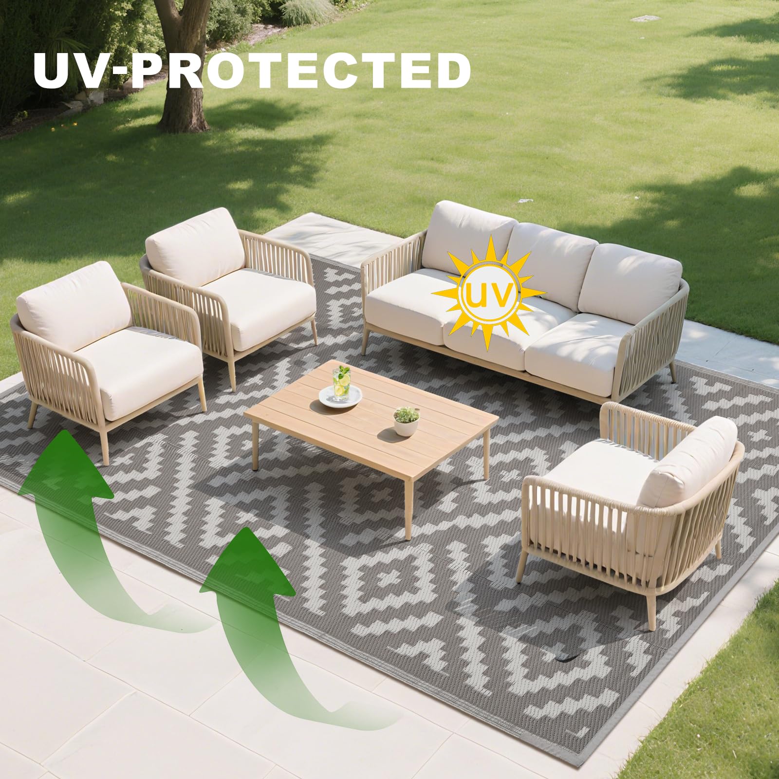 RURALITY Outdoor Rug on a wooden deck