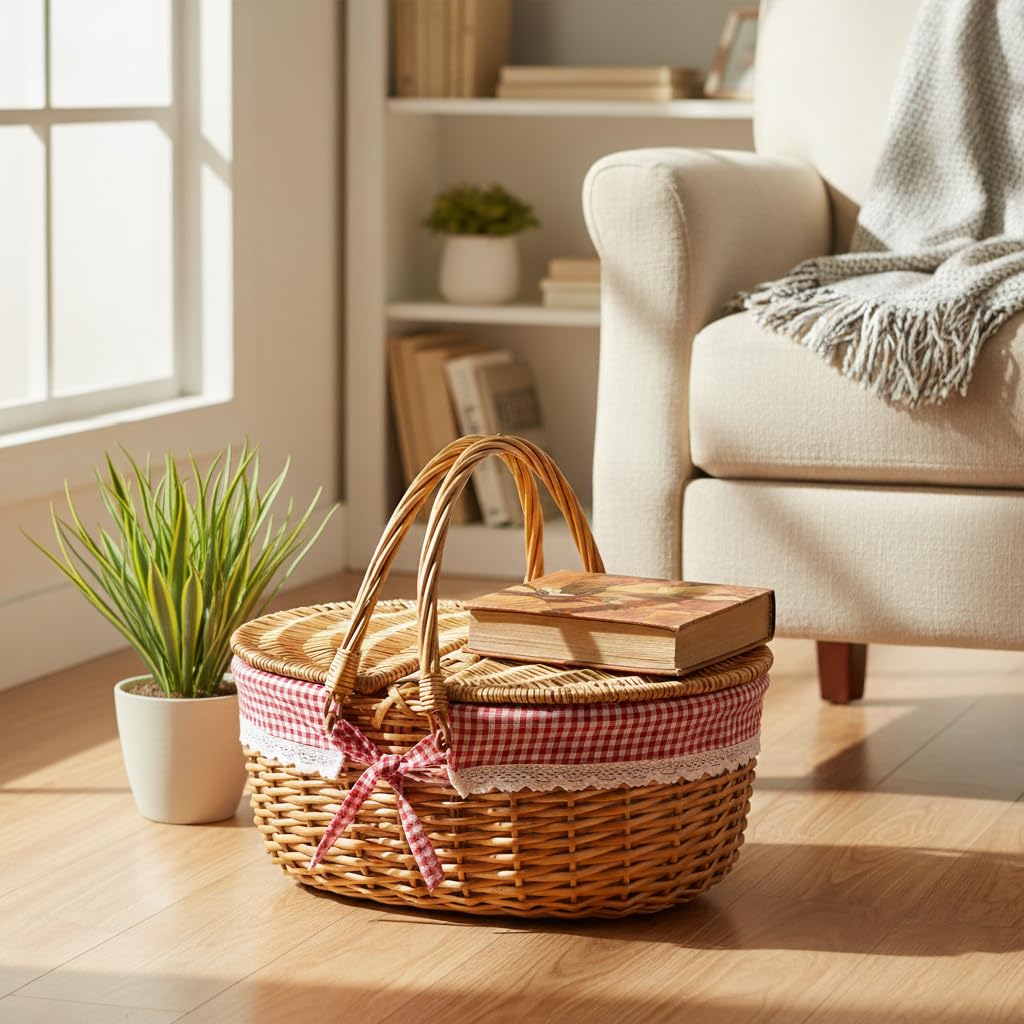 RURALITY Wicker Picnic Basket close-up of durable rope handle