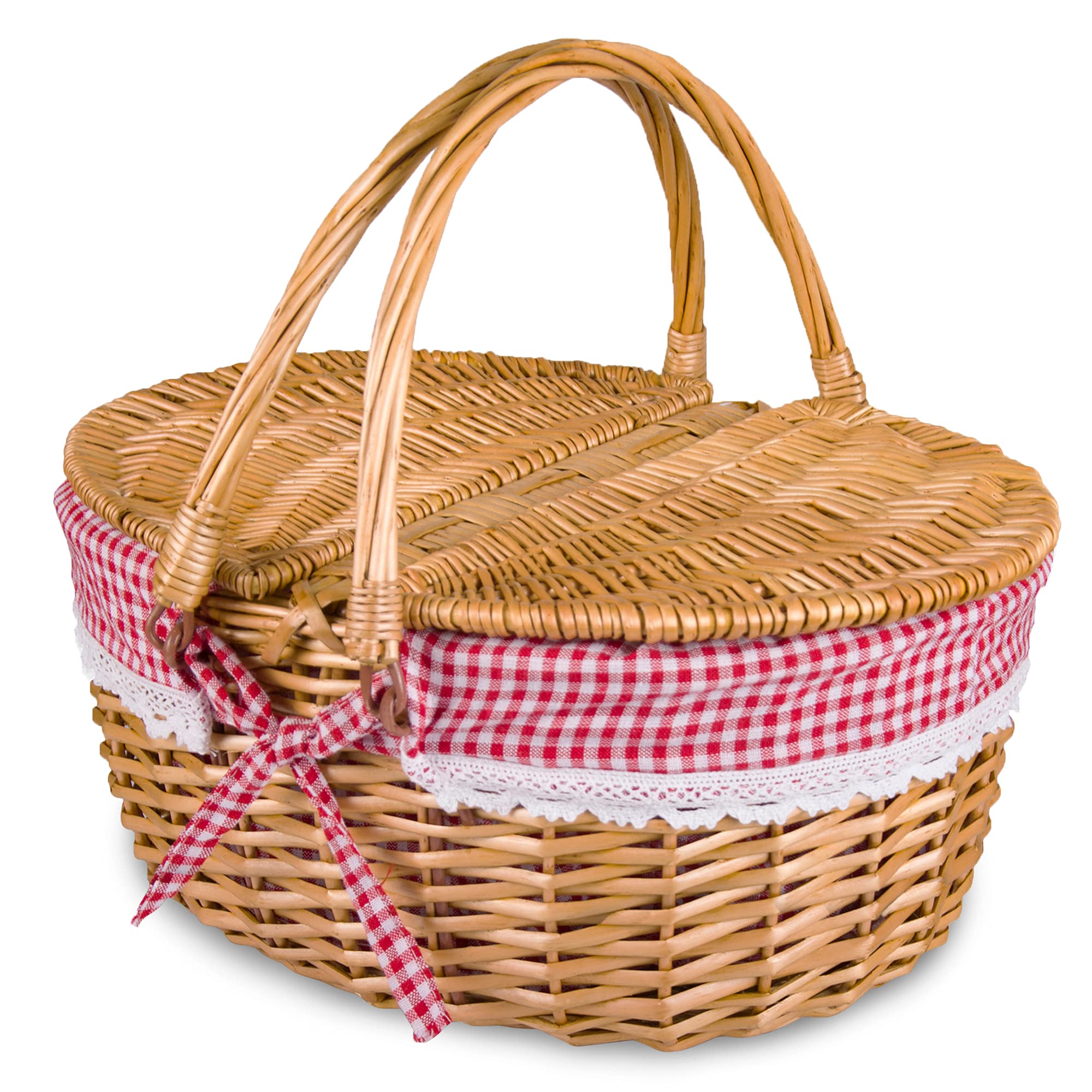 RURALITY Wicker Picnic Basket front view with red check liner
