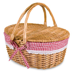 RURALITY Wicker Picnic Basket front view with red check liner