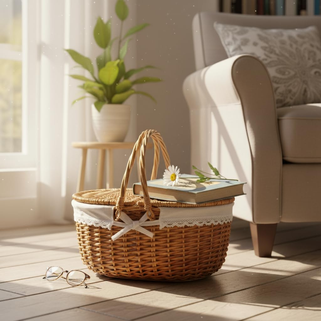 RURALITY wicker picnic basket interior with removable lace liner