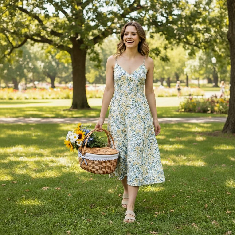 RURALITY wicker picnic basket placed on grass with park background