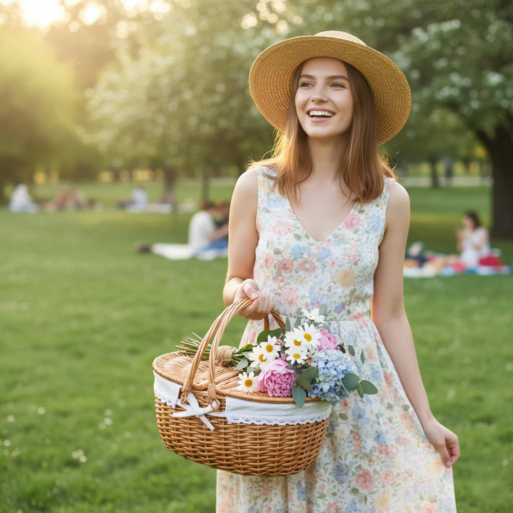 RURALITY wicker picnic basket with dual-entry lid open