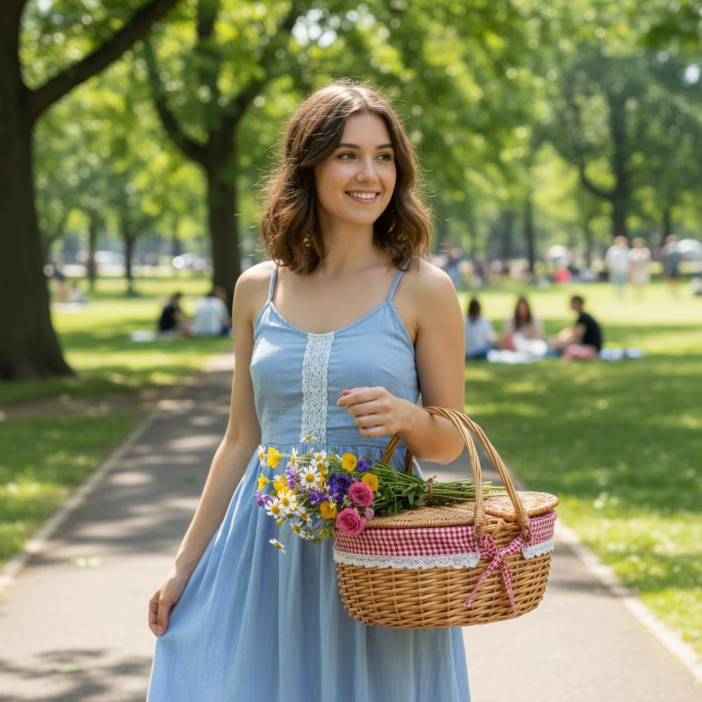 RURALITY Wicker Picnic Basket with removable lace liner