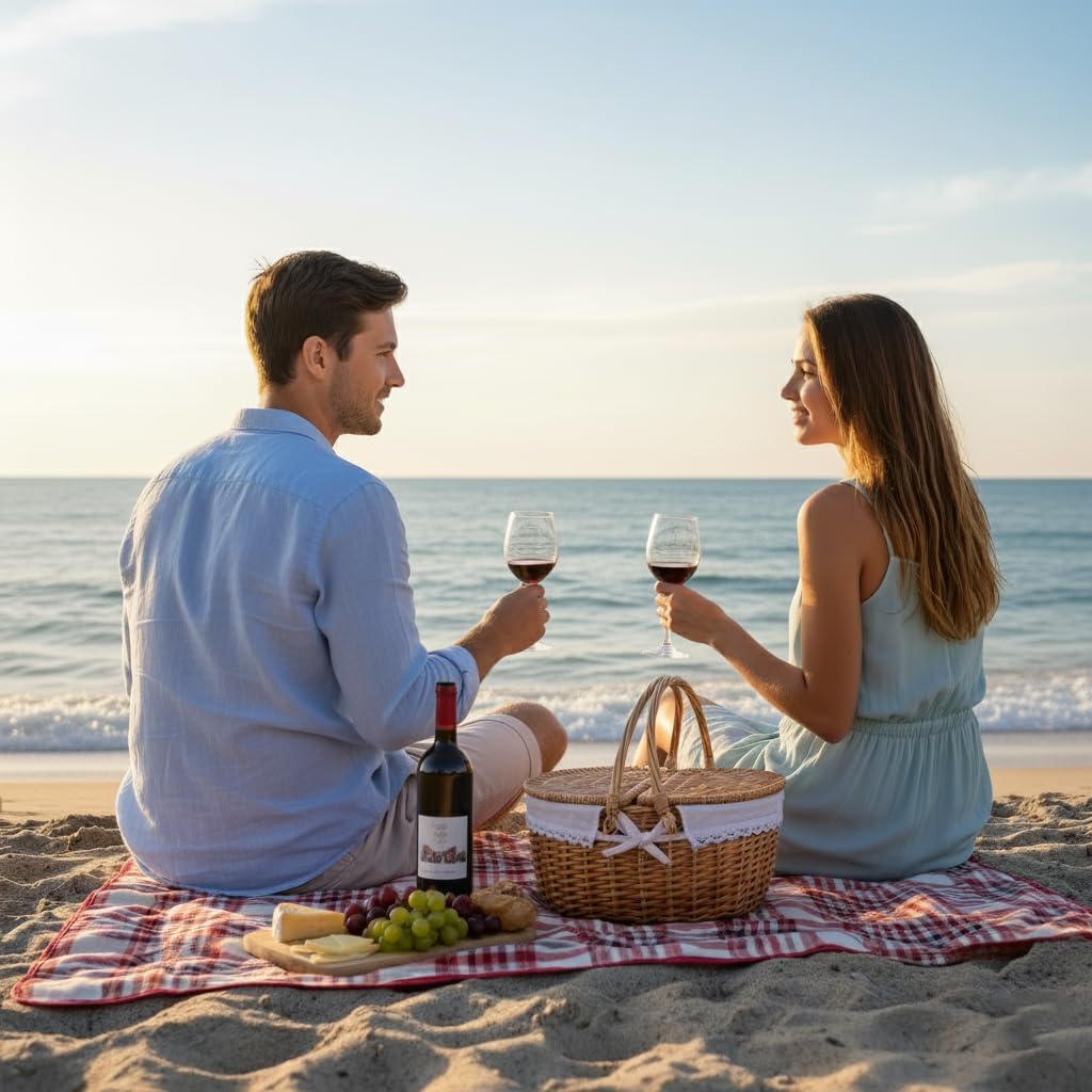 RURALITY wicker picnic basket with snacks and drinks inside
