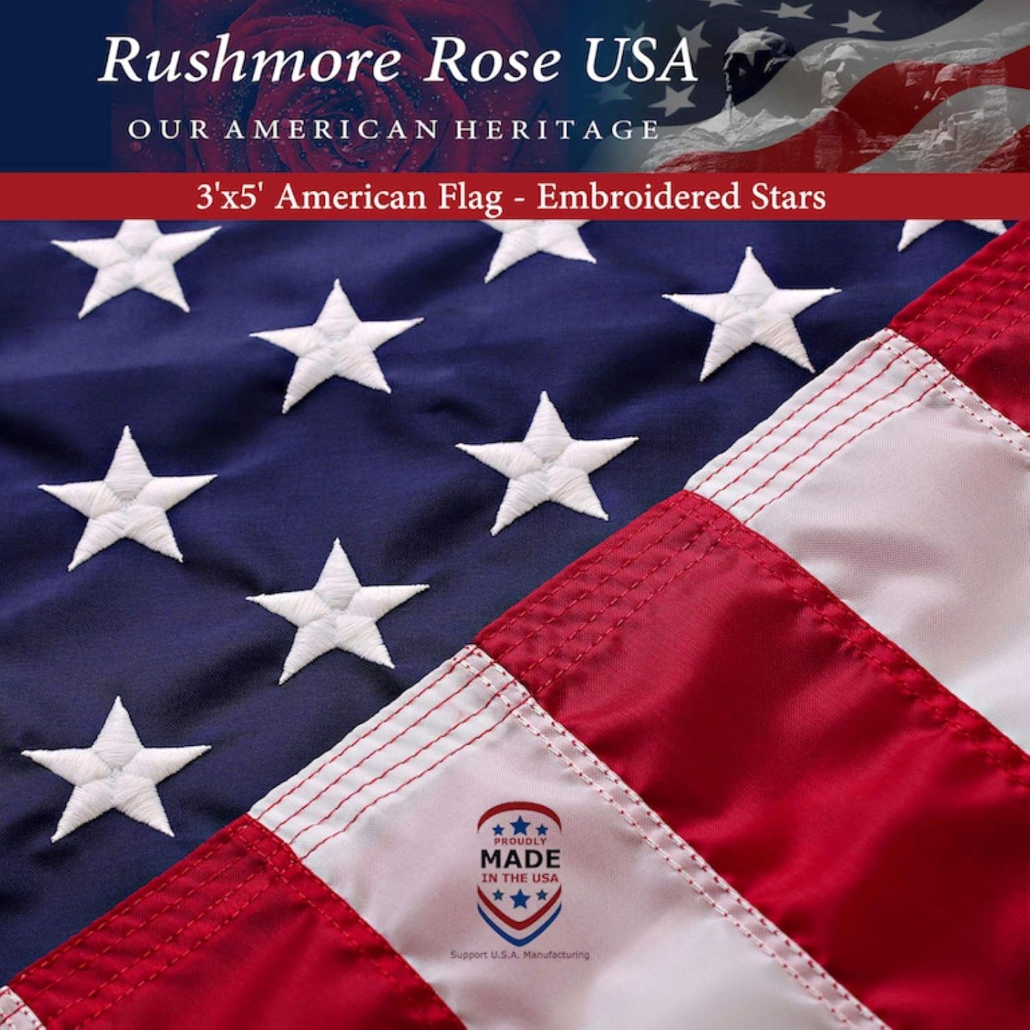 Rushmore Rose USA American Flag 3x5 front view with embroidered stars