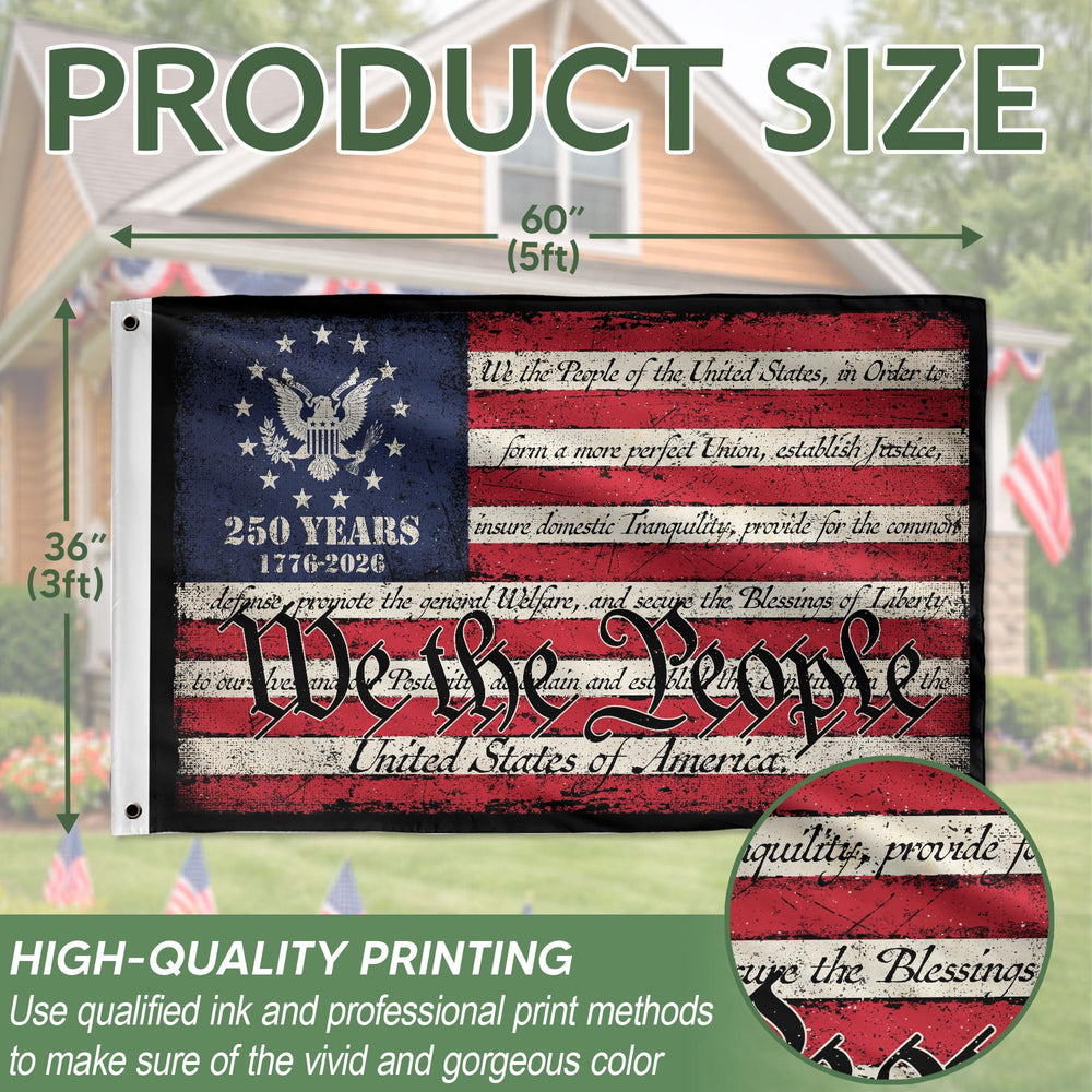 RustField Co. 250th Anniversary USA Flag hanging outdoors