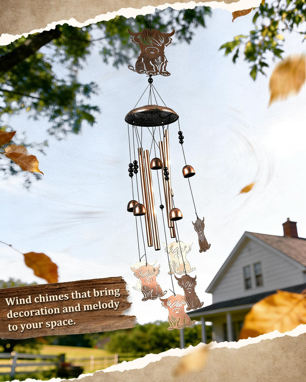 Rustic antique bronze finish of SUNCKET Highland Cow Wind Chime