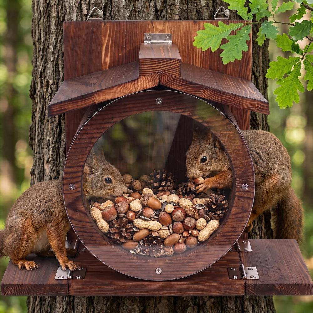 RUSTICIRON Wooden Squirrel Feeder brown pine wood front view
