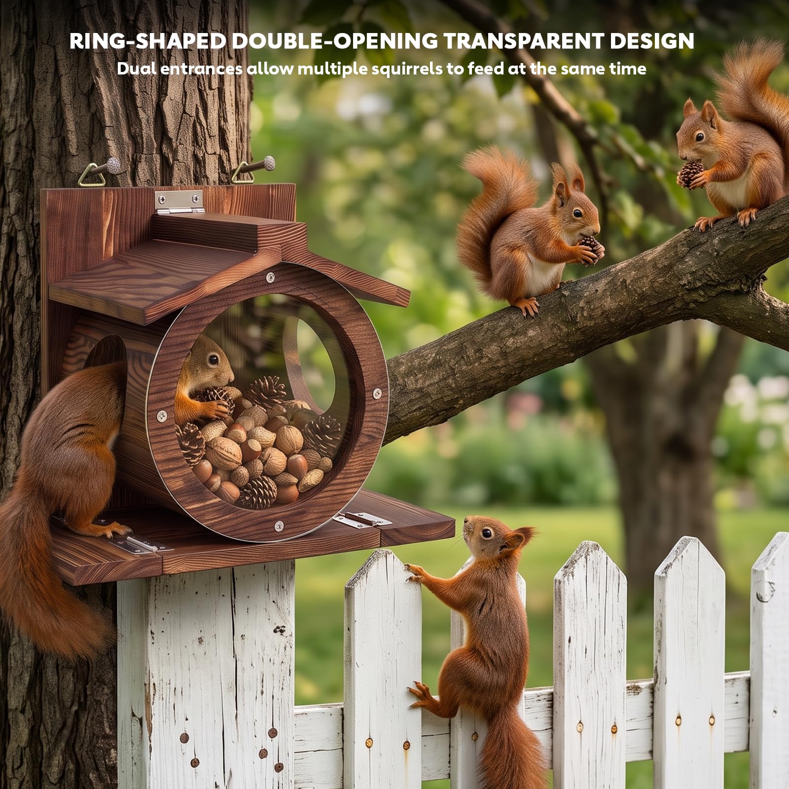 RUSTICIRON Wooden Squirrel Feeder showing side platforms