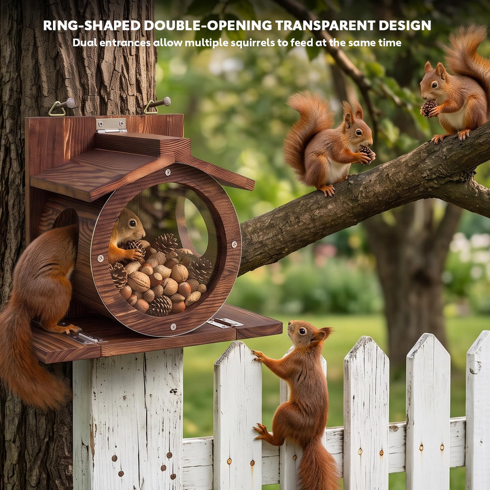 RUSTICIRON Wooden Squirrel Feeder showing side platforms
