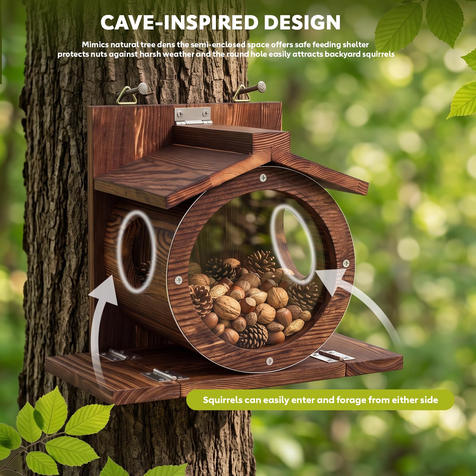 RUSTICIRON Wooden Squirrel Feeder side view with feeding chamber