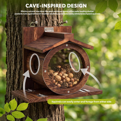 RUSTICIRON Wooden Squirrel Feeder side view with feeding chamber