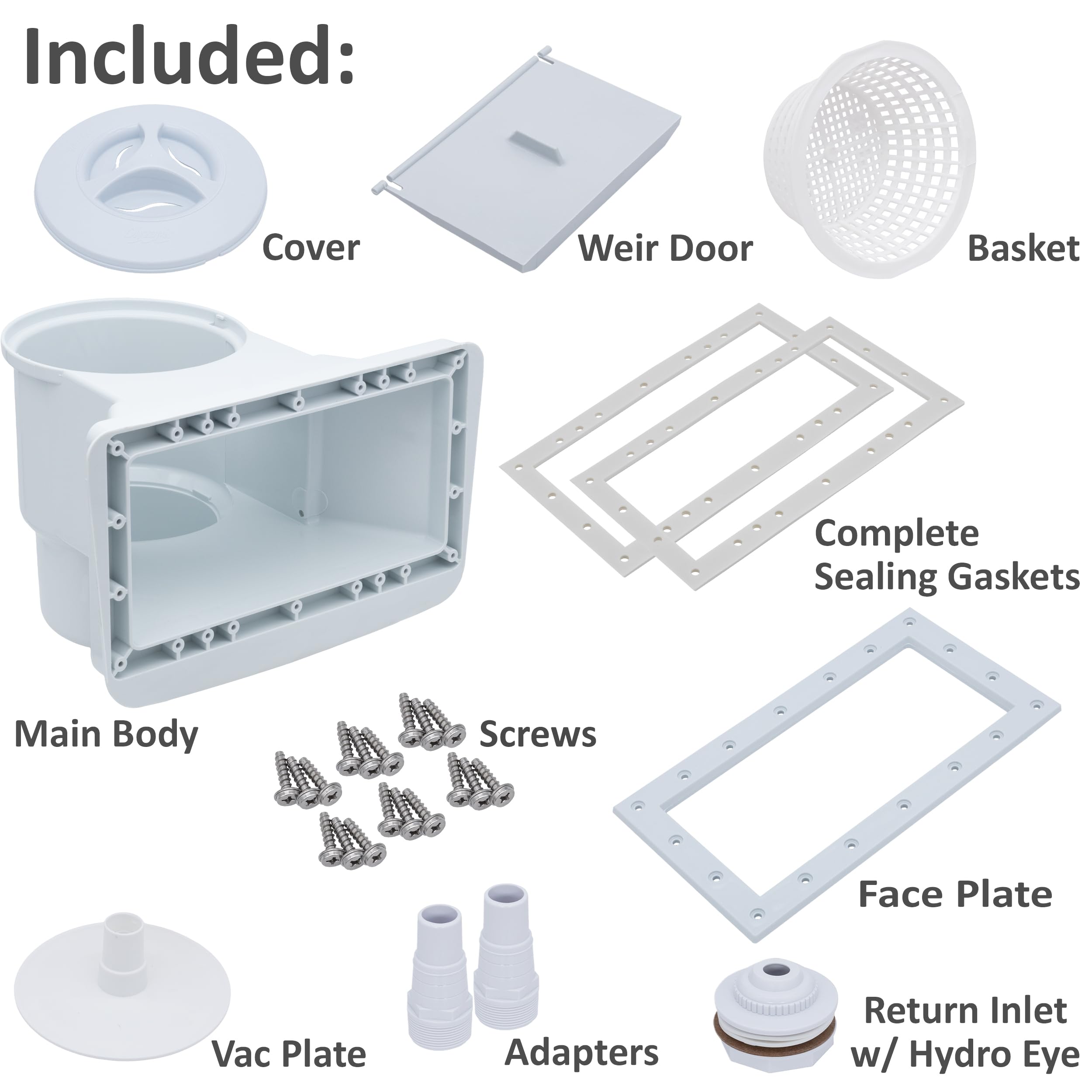Rx Clear skimmer kit components including gaskets and fittings