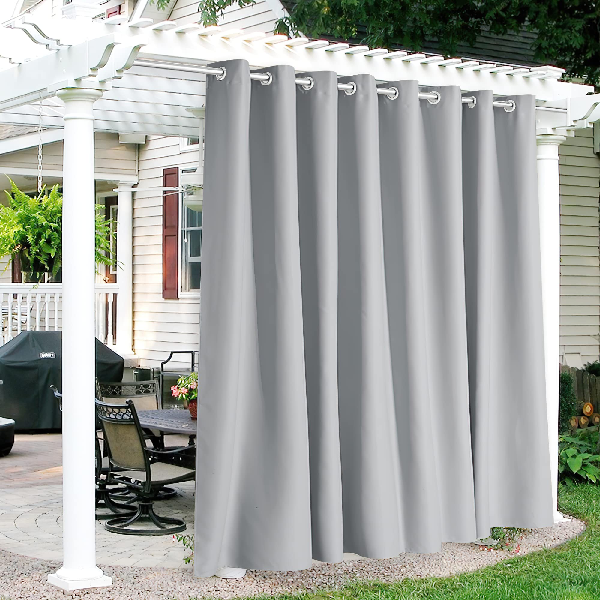 RYB HOME Extra Wide Outdoor Curtain 120"W x 95"L in Light Grey - Front View