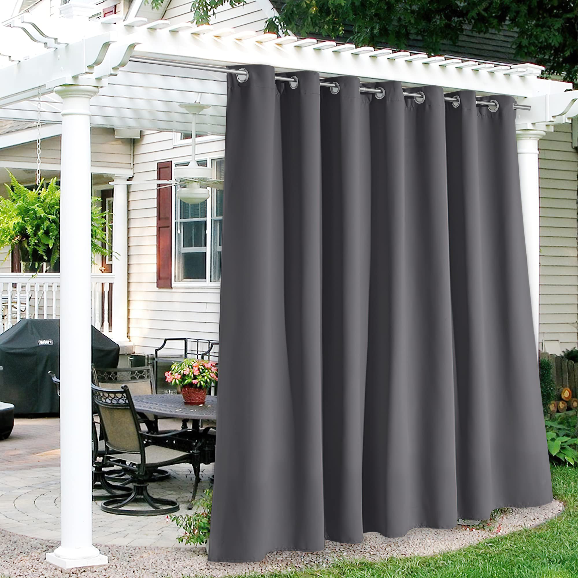 RYB HOME Extra Wide Outdoor Curtains in grey hanging on patio